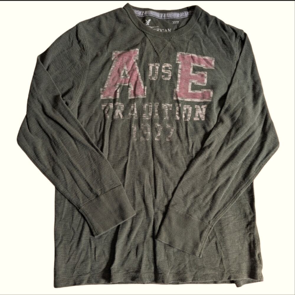 American Eagle Y2K Vintage Fit Ribbed Logo Long Sleeve Relaxed Tee Shirt